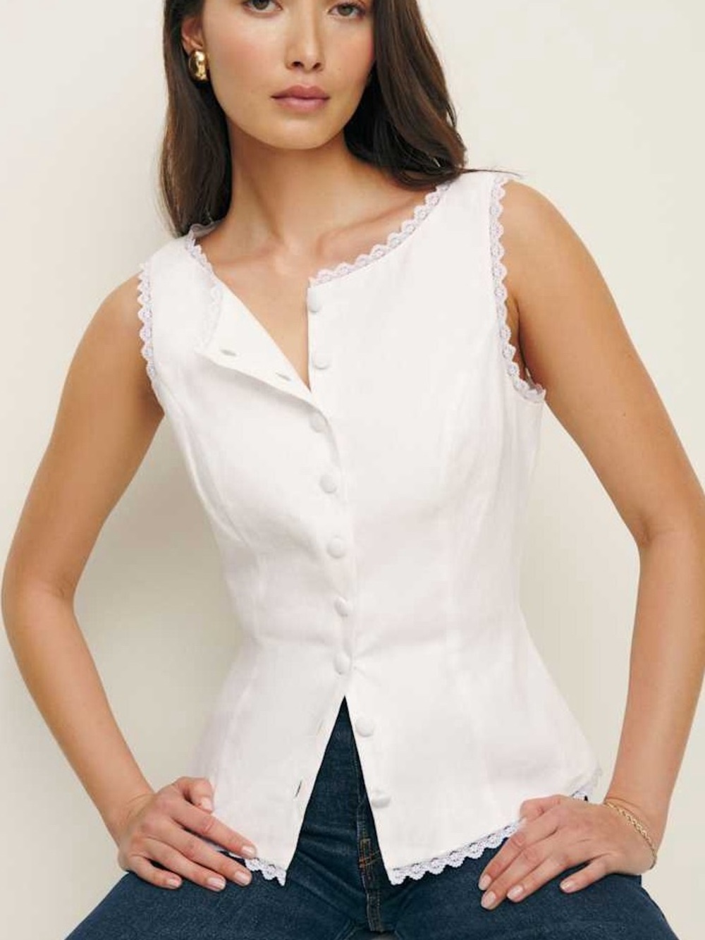 $148‎ Reformation Amelia Linen Top, Lace Detailing, Size 0